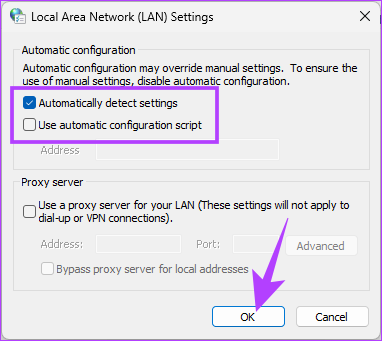 check on 'Automatically detect settings' and uncheck 'Use a proxy server for your LAN.'
