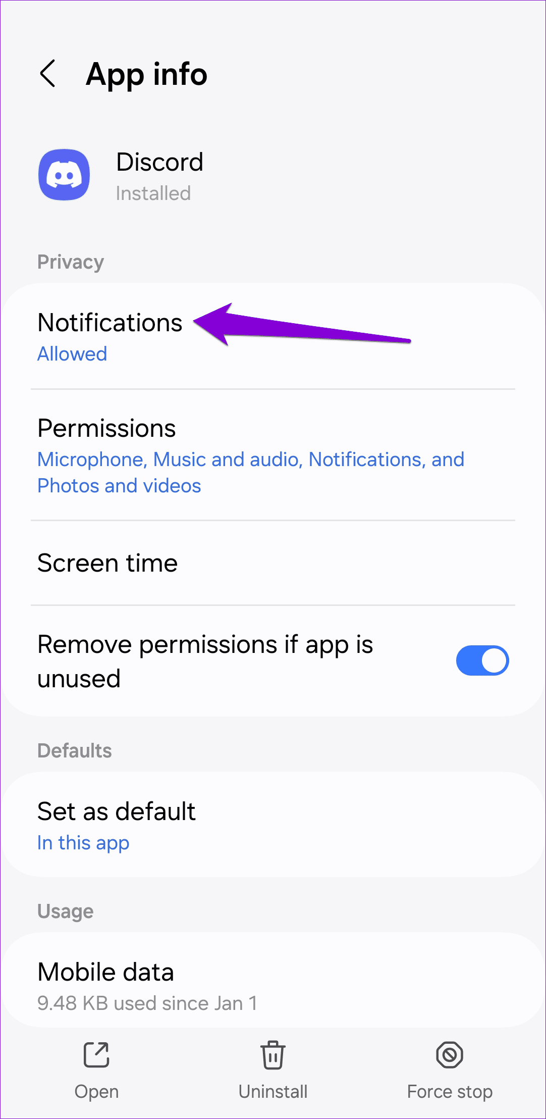 Discord Notification Settings on Android