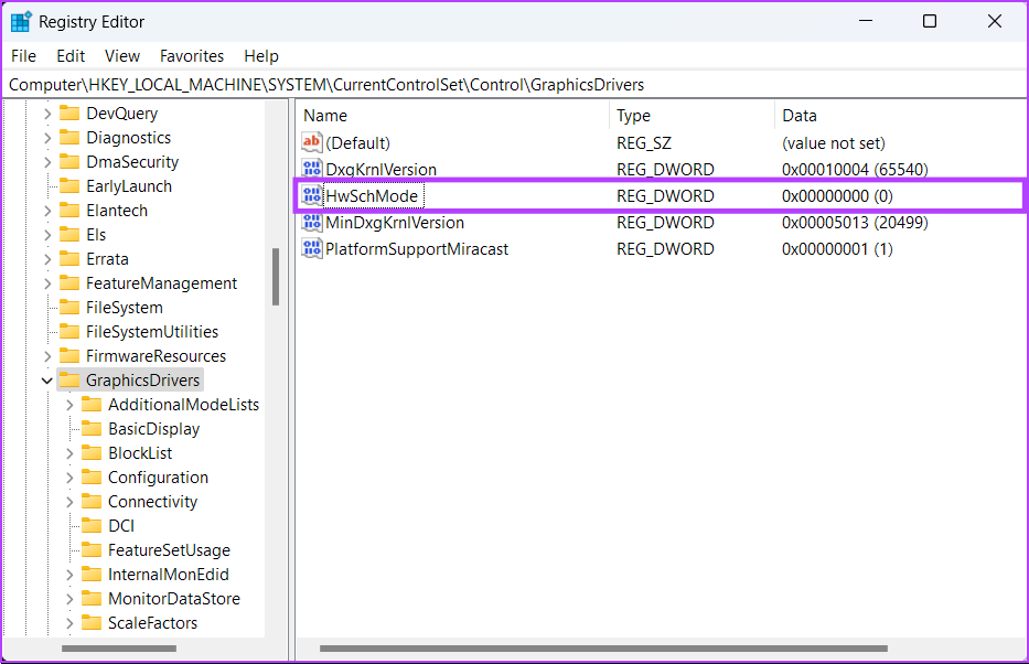 Newly created entry HwSchMode in Registry Editor