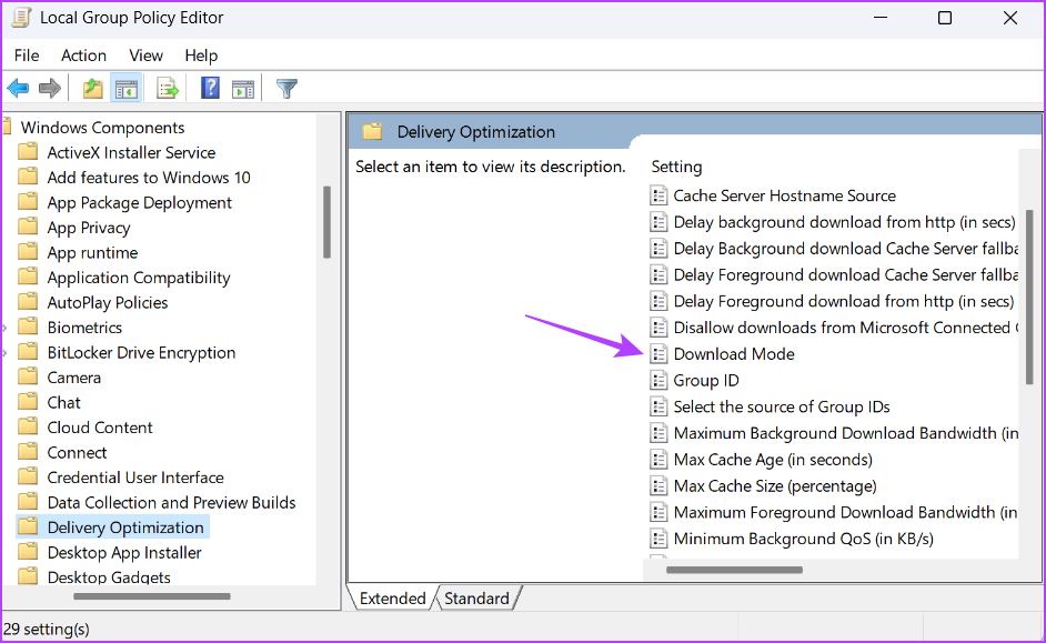 Download Mode policy In the Local Group Policy Editor