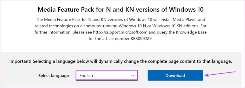 Download option in the Microsoft website