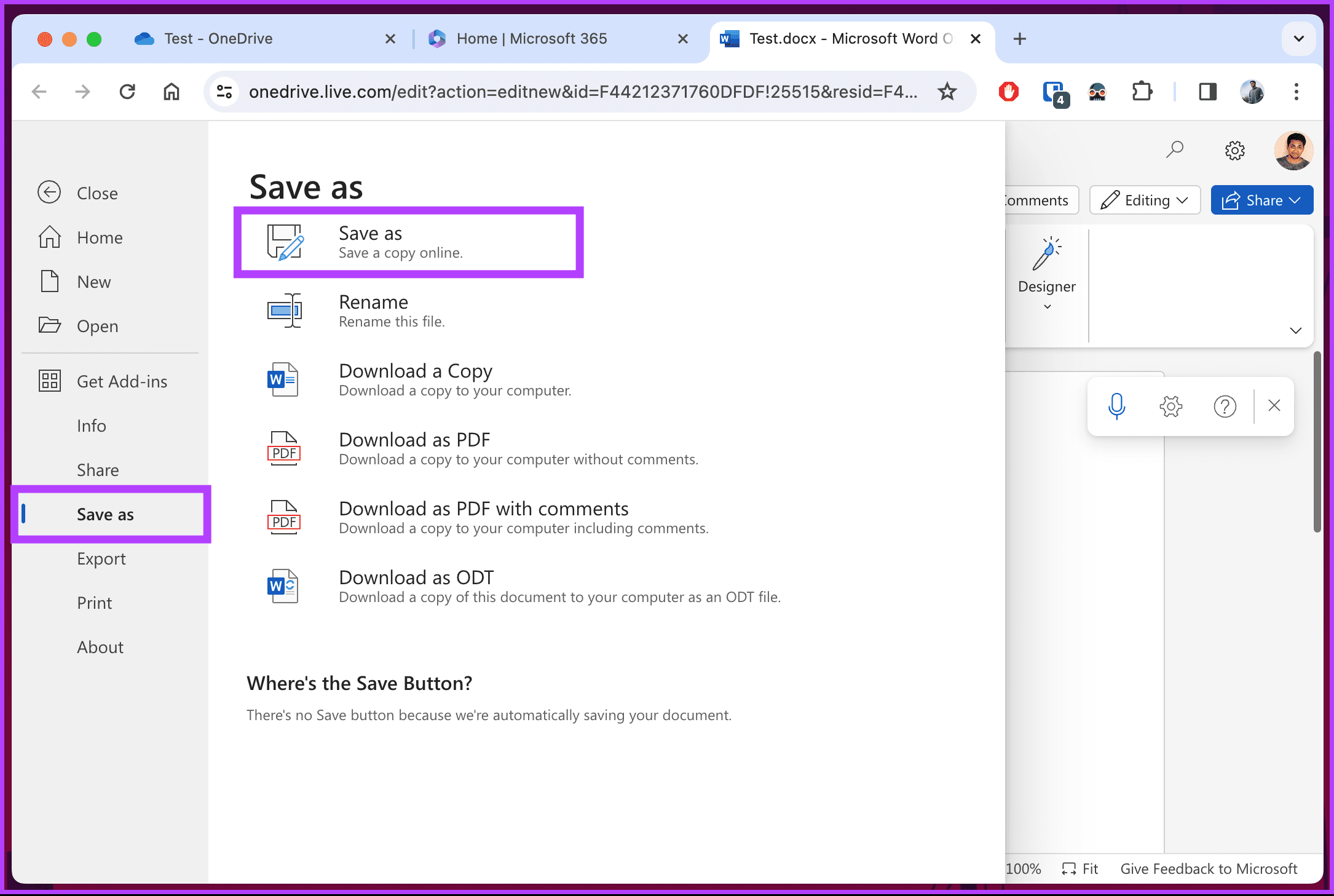 choose between Save as to save a copy online