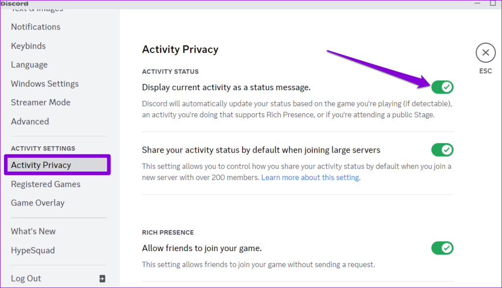 Enable Activity Status in Discord