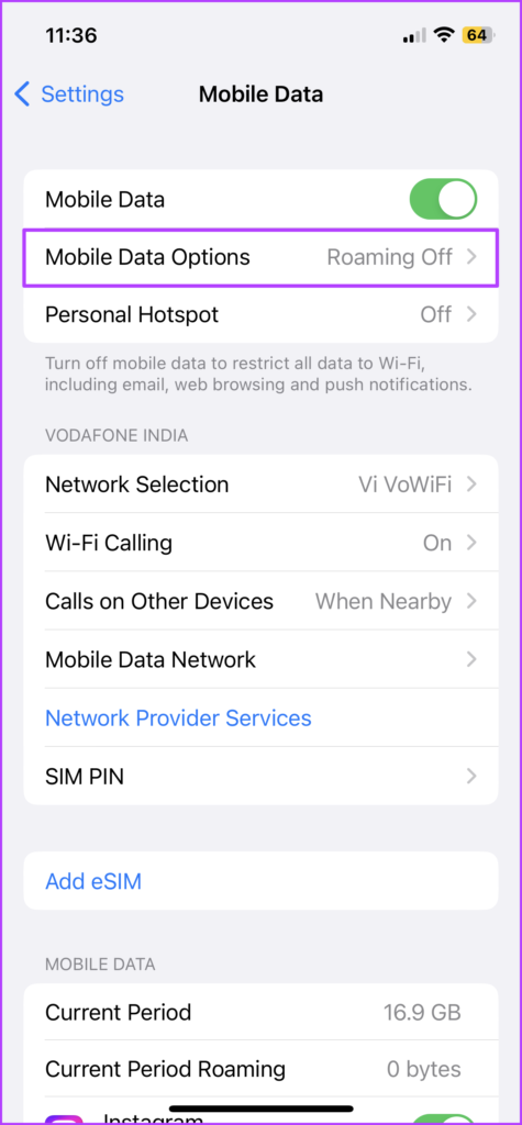 Go to Mobile data option to turn on roaming on iPhone