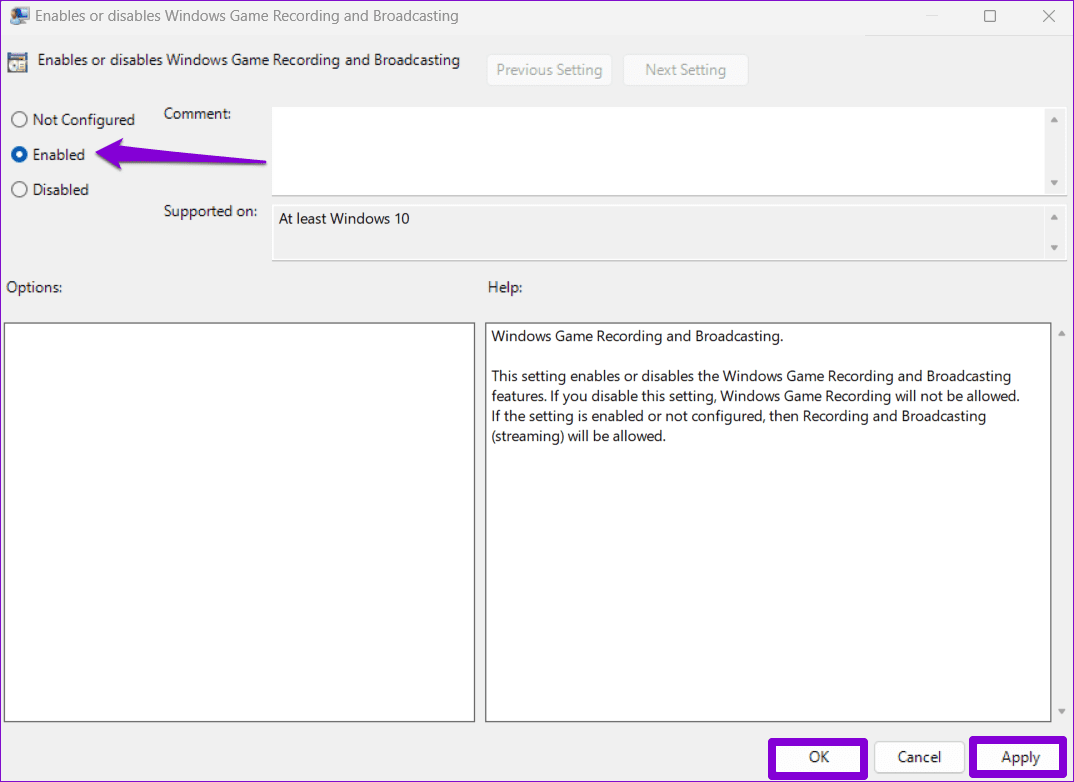 Enable Game Bar Recording Group Policy on Windows