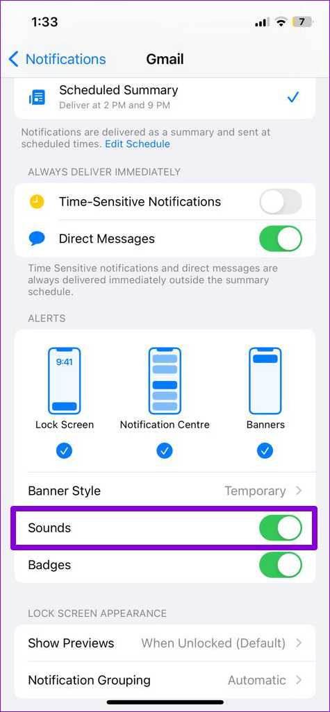 Habilitar el sonido de notificación de la aplicación Gmail en iPhone