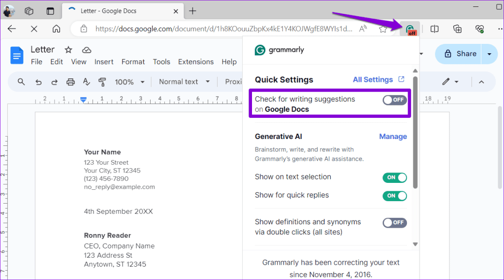 Enable Grammarly in Google Docs