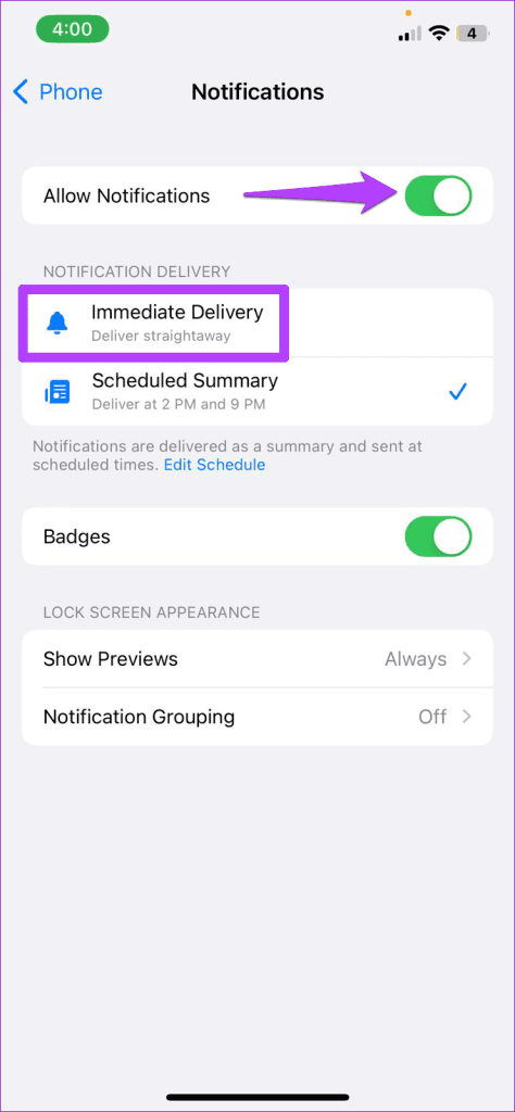 Enable Immidiate Delivery for the Phone App Notifications on iPhone