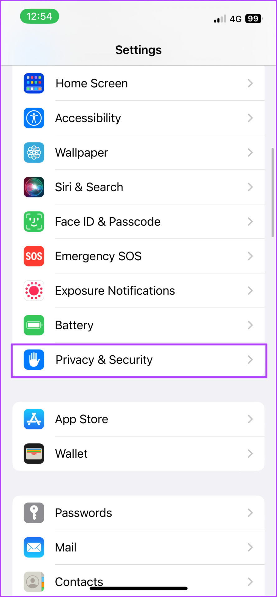 In Settings go to Privacy & Security