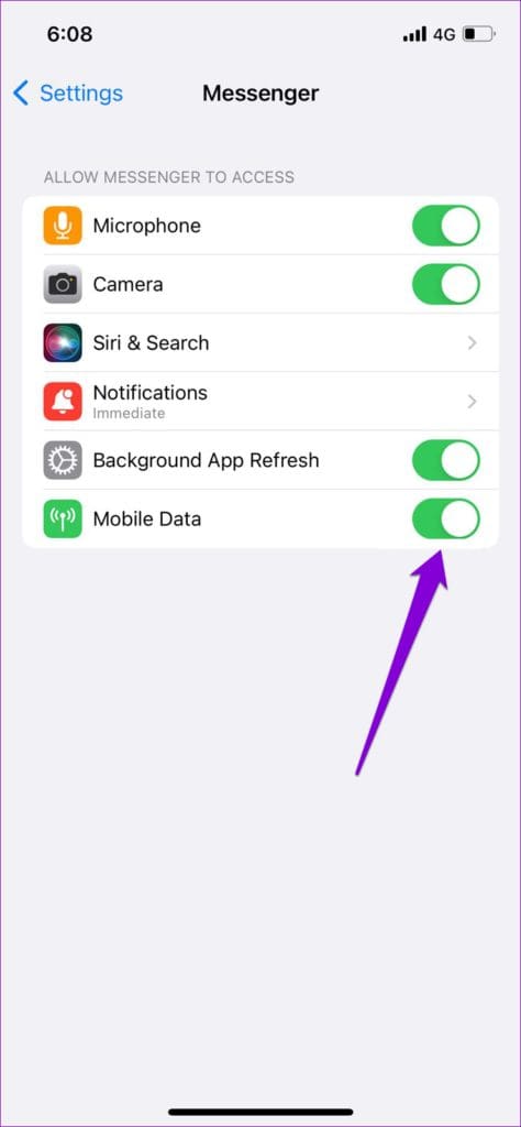 Enable Mobile Data for Messenger on iPhone