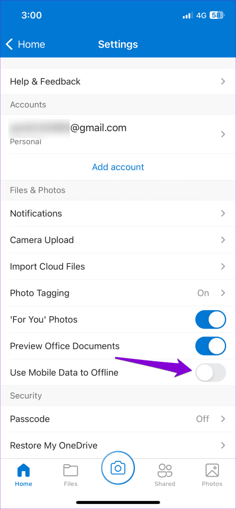 Enable Mobile Data for OneDrive on iPhone