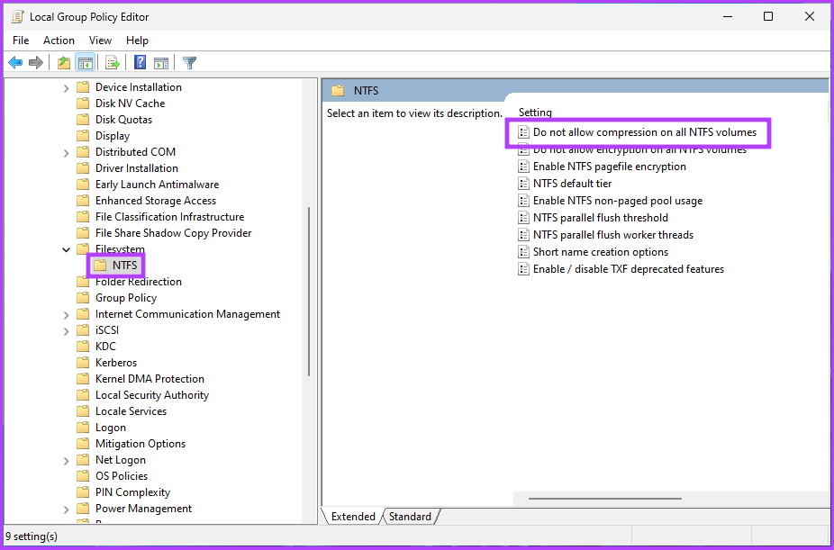 go to ‘Do not allow compression on all NTFS volumes,