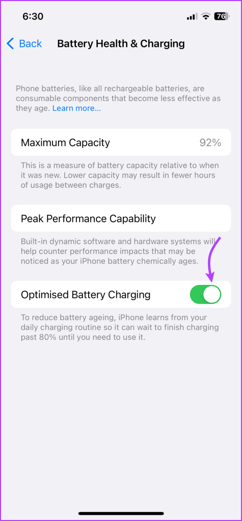 Toggle on Optimized battery charging 