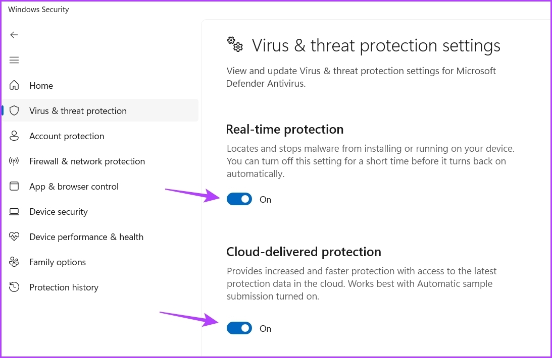 Enable Real-time protection in Windows Security