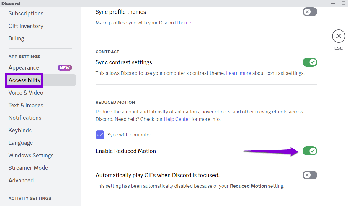 Enable Reduced Motion in Discord