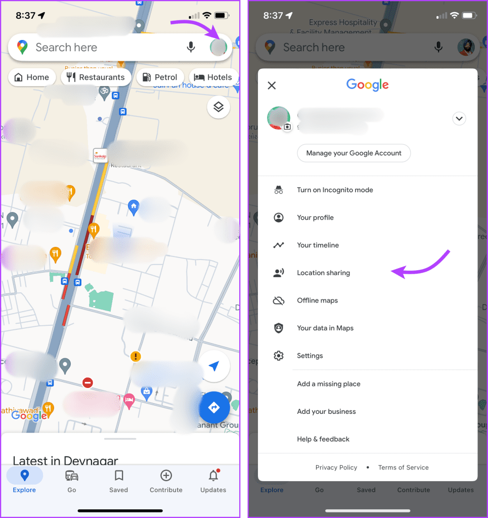 Go to Google Maps Location Sharing options