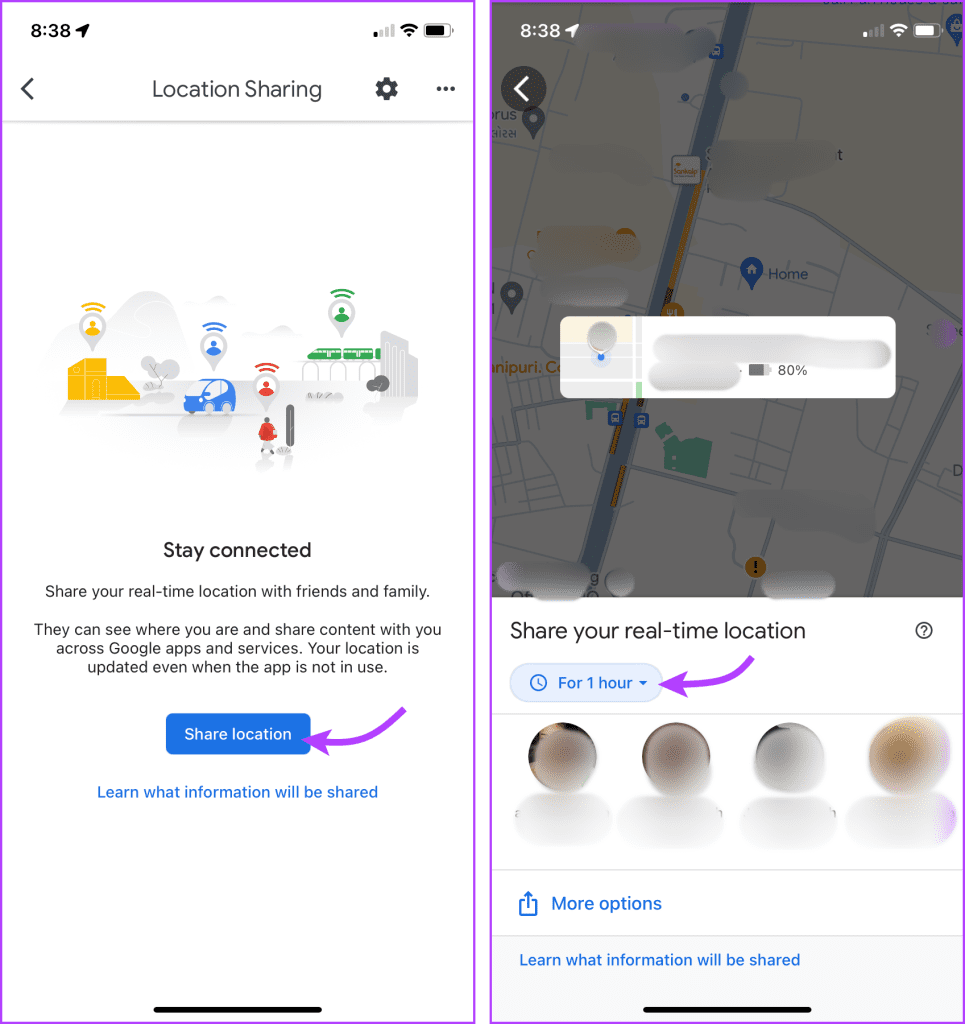 Tap Share location and select duration