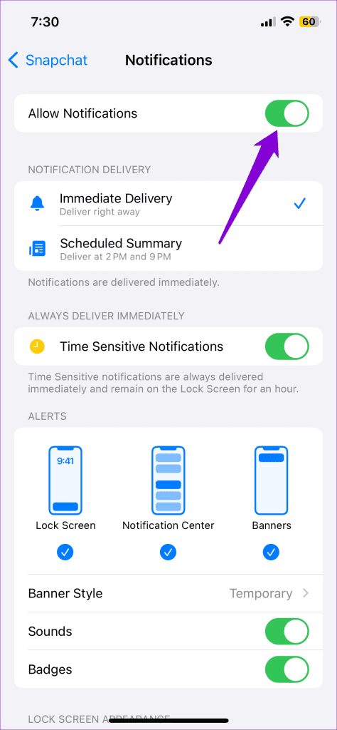 Enable Snapchat App Notifications on iPhone