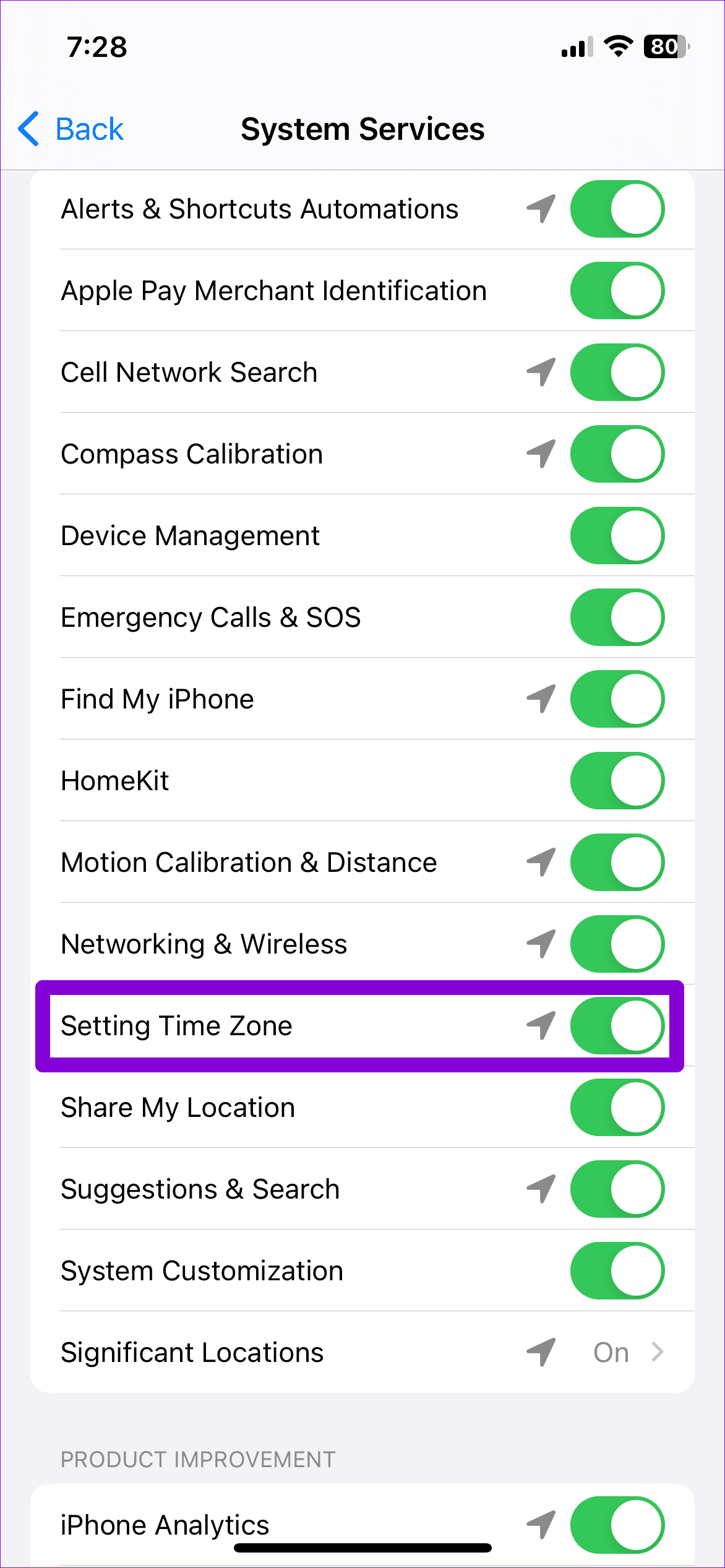 Enable Time Zone Service on iPhone
