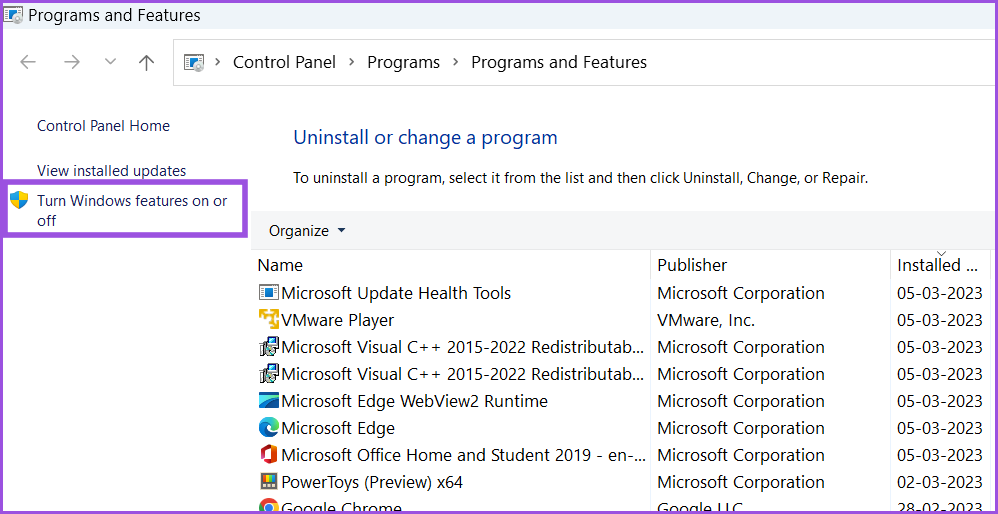 Programs and features window
