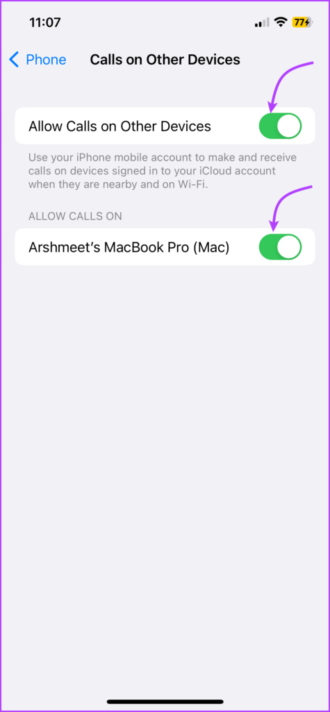 Toggle on calls on other device and Mac