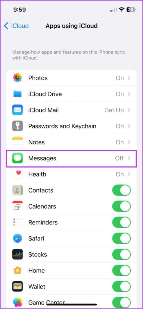 Toggle on iCloud sync for messages