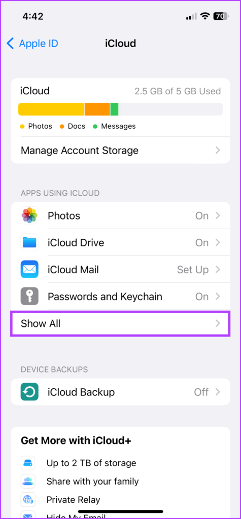 Tap Show All to view apps synced to iCloud