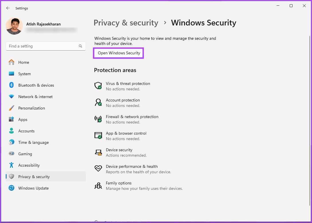Click on 'Open Windows Security'