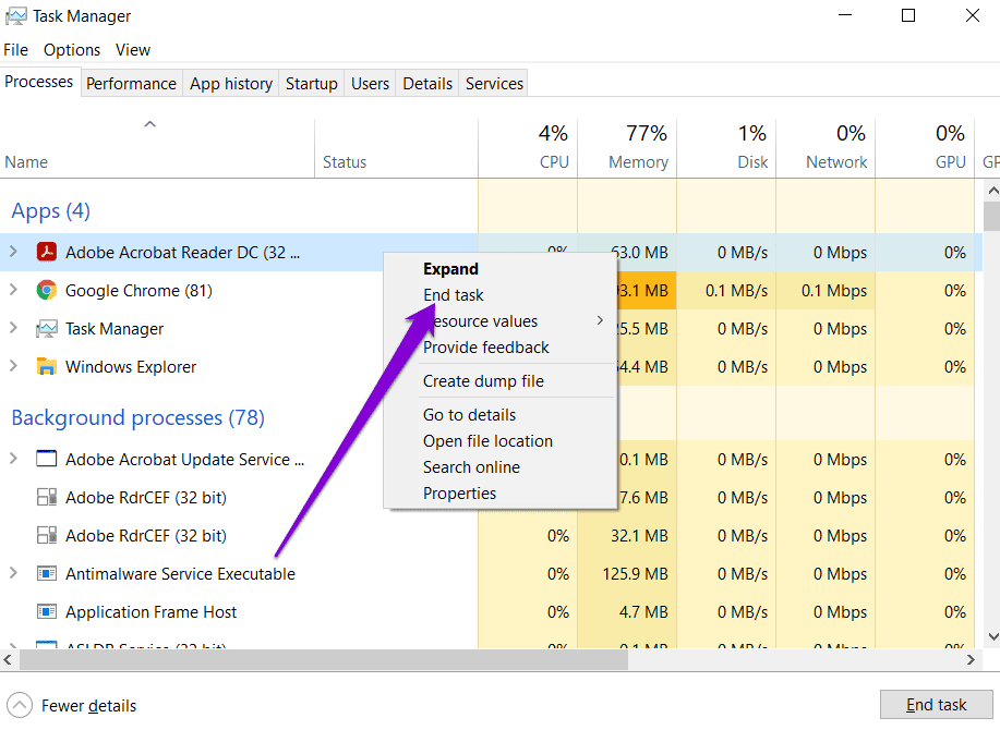 End task in Task Manager
