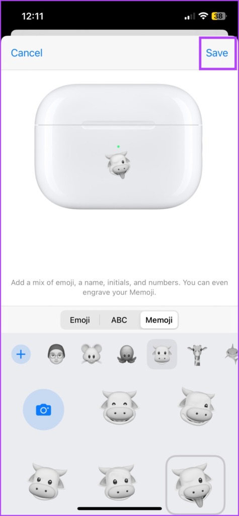 Tap Save to confirm engraving on AirPods 