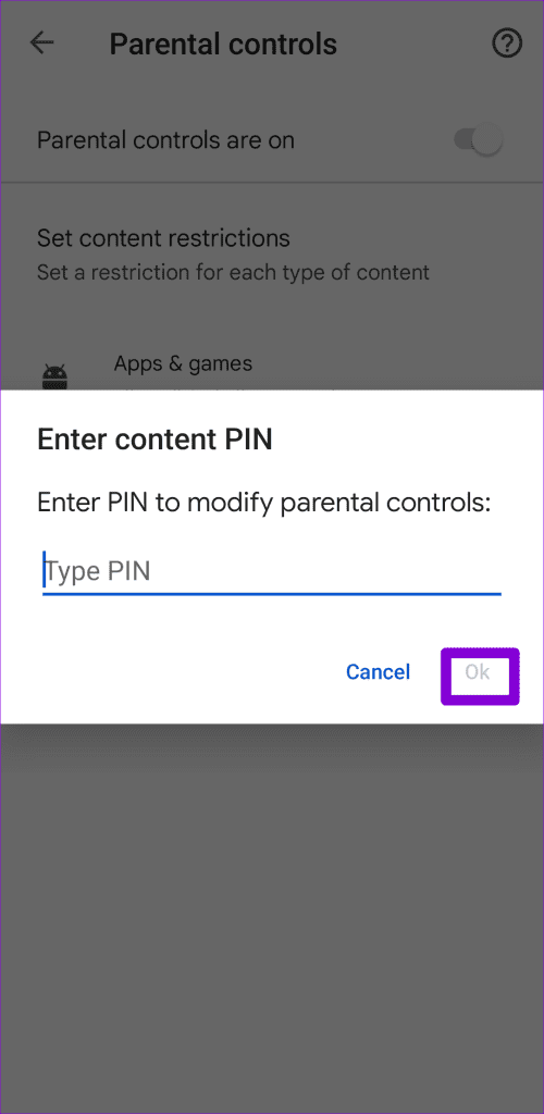 Enter PIN to Remove Parental Controls on Play Store