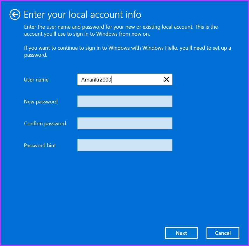 Ingresar la información de la cuenta en el aviso de Microsoft