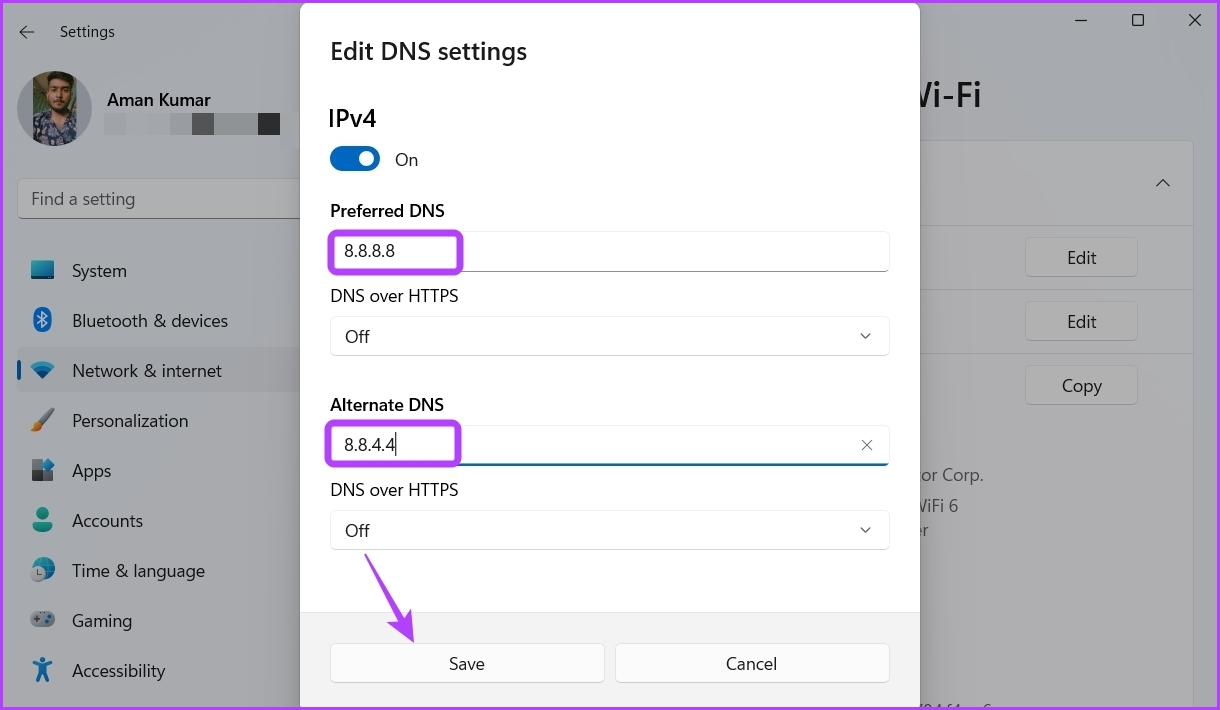 Entering DNS Address in the Settings app