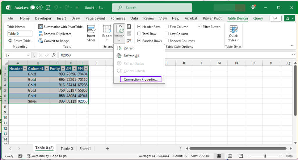 Excel Data Source Connection Properties