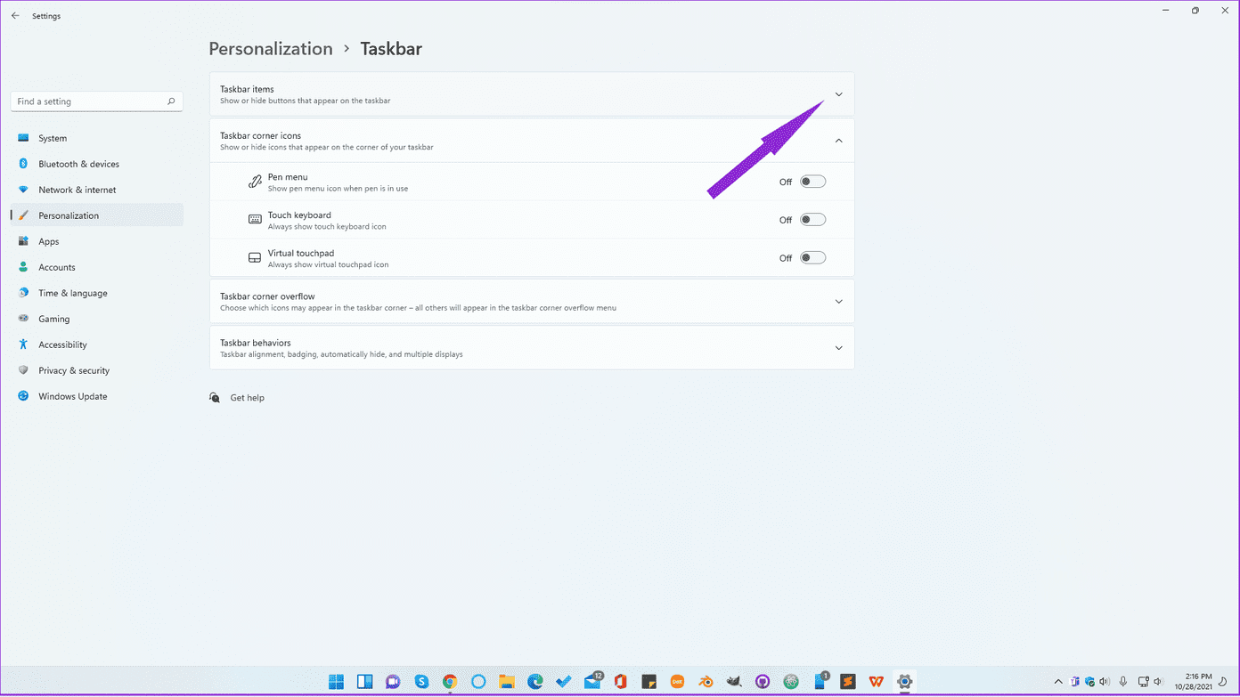 Expand the Taskbar items menu by clicking its corresponding downward arrow symbol