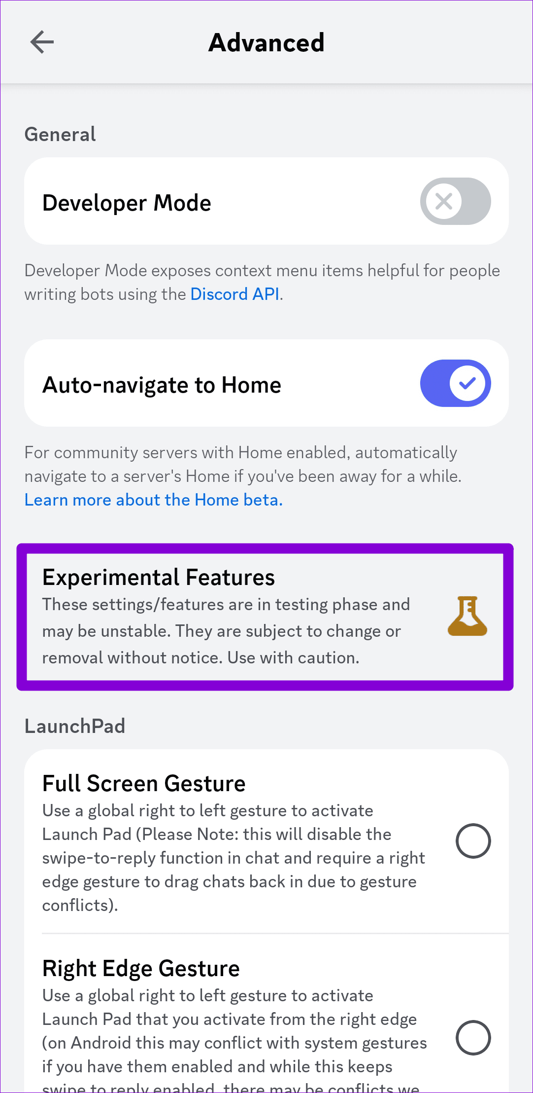 Experimental Features on Discord Mobile App