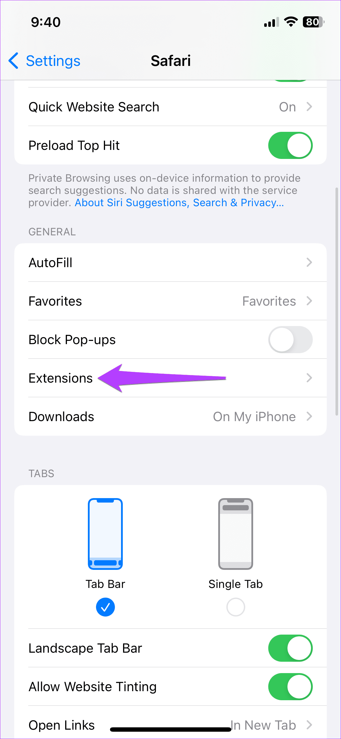 Extensions in Safari for iPhone