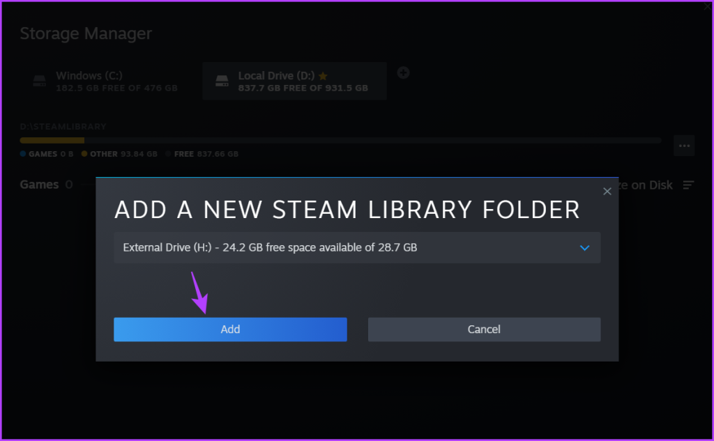 Selecting External drive in Steam Storage Manager