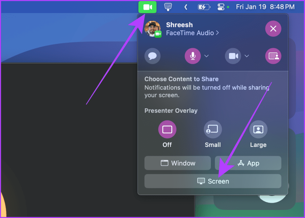 FaceTime Share Screen Options Menu Bar Mac