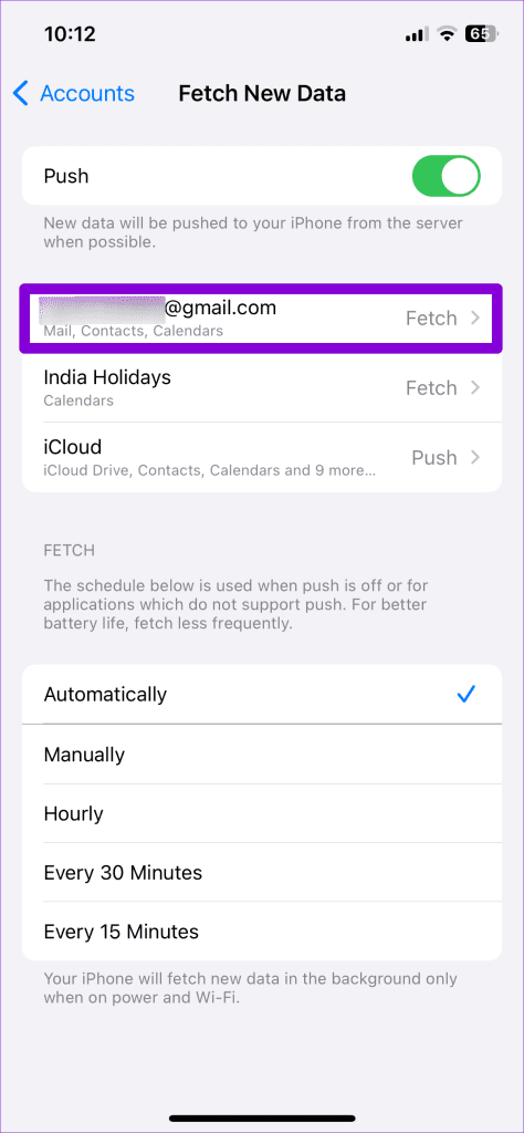 Fetch New Data Option for Account on iPhone