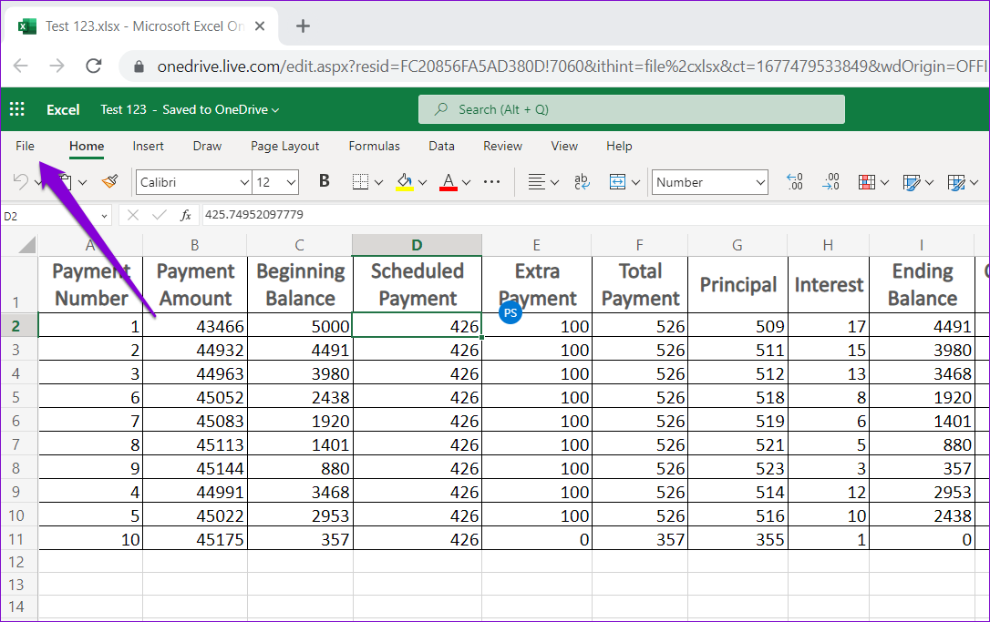 File Menu in Excel for Web