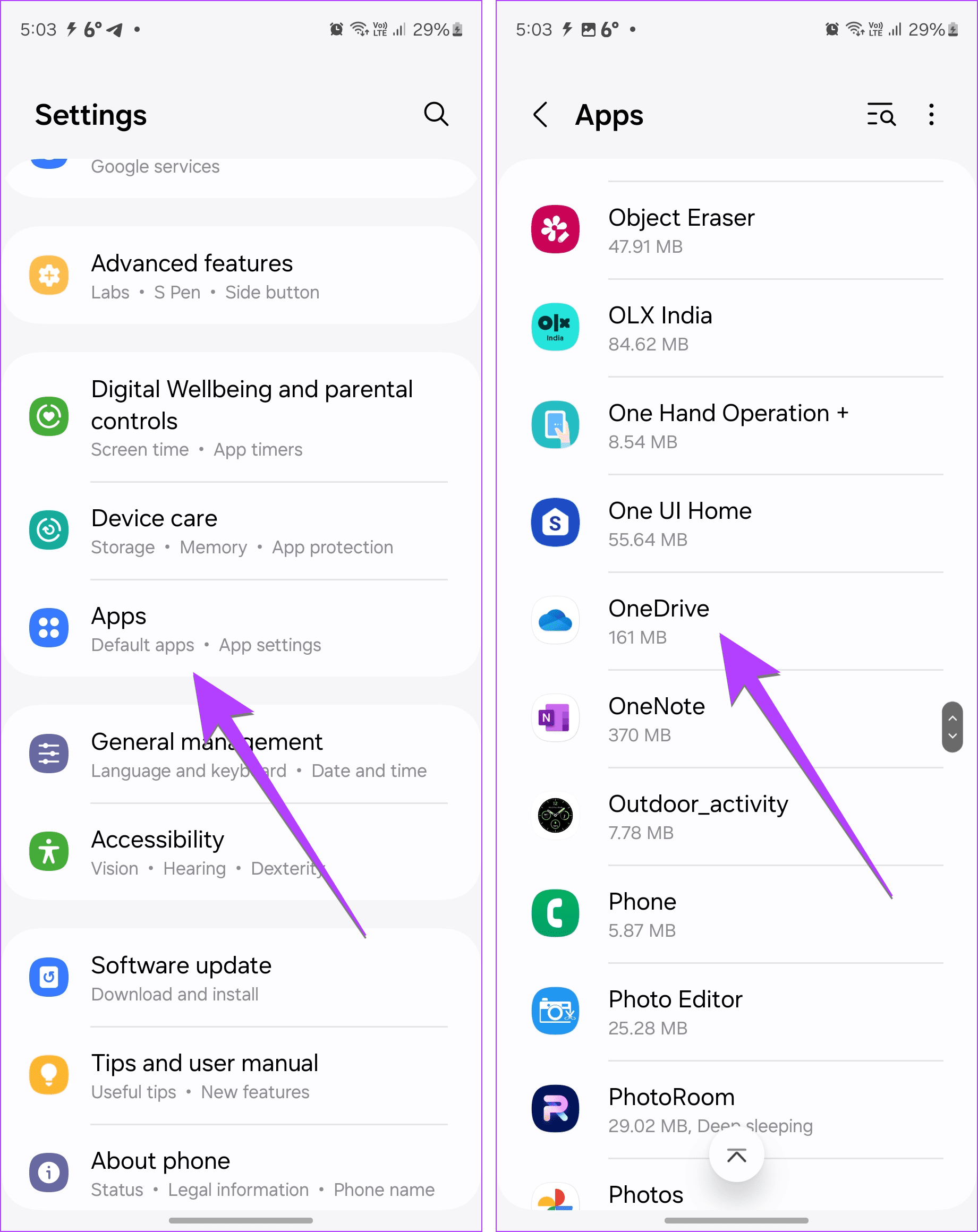Find App in settings
