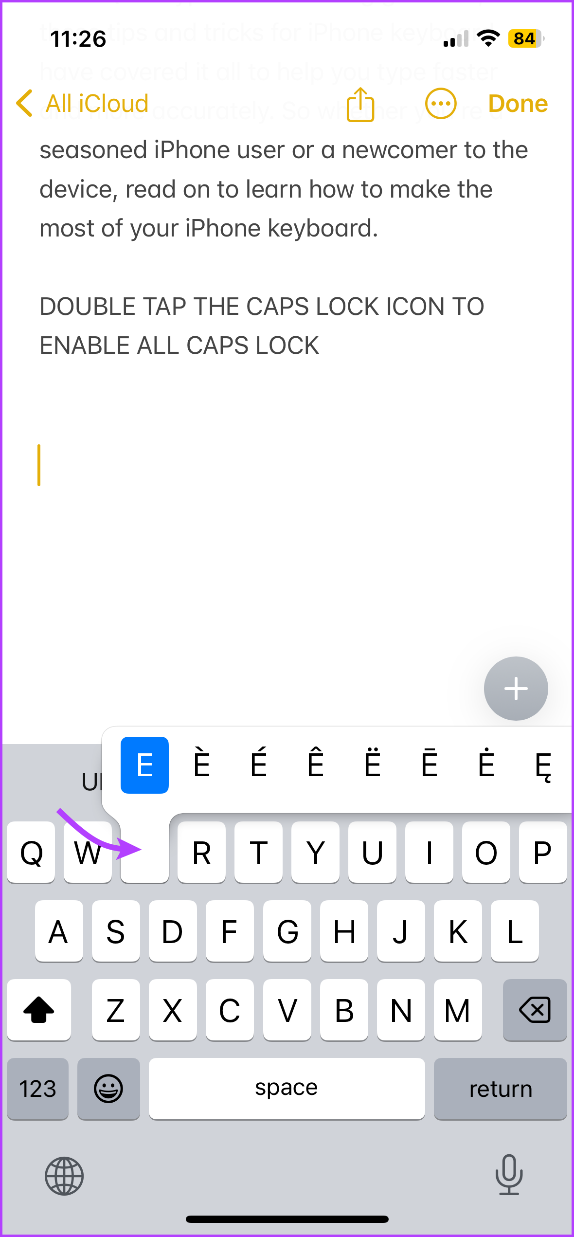 Tap and hold to insert accented letters 