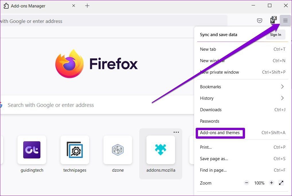 Firefox Add-Ons and Themes Option (Ctrl + Shift + A)