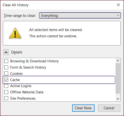 Firefox Options Clear Cache 1