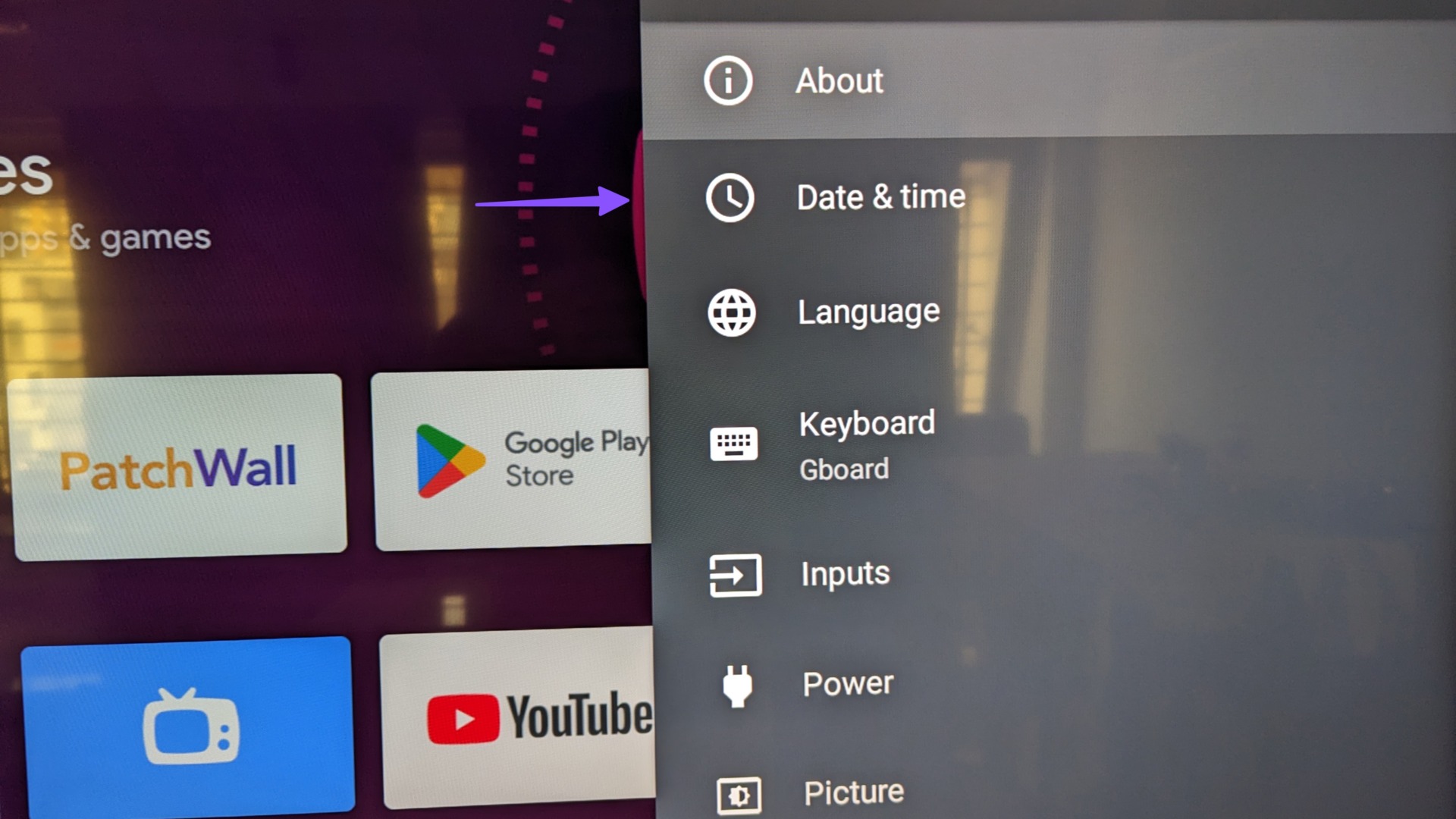 date and time on Android TV
