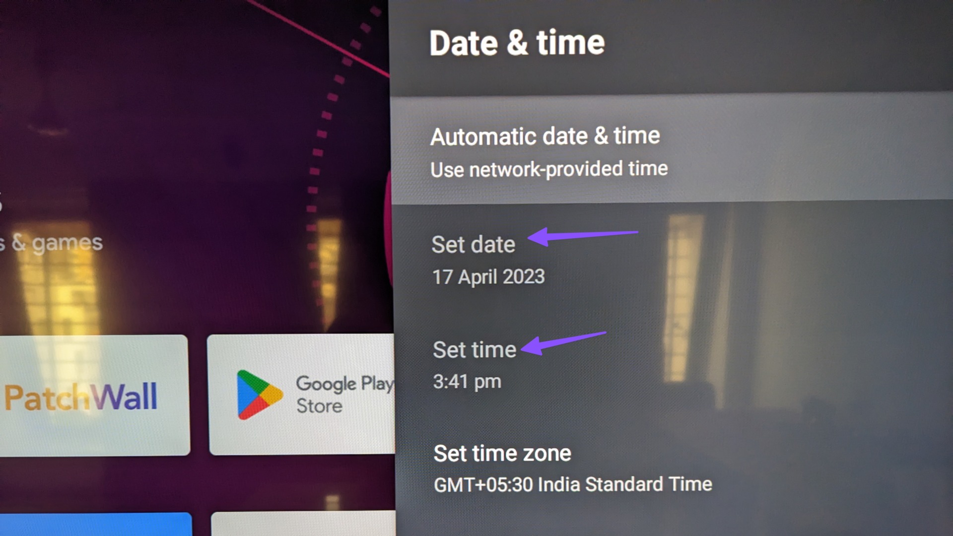 set correct date and time Android TV