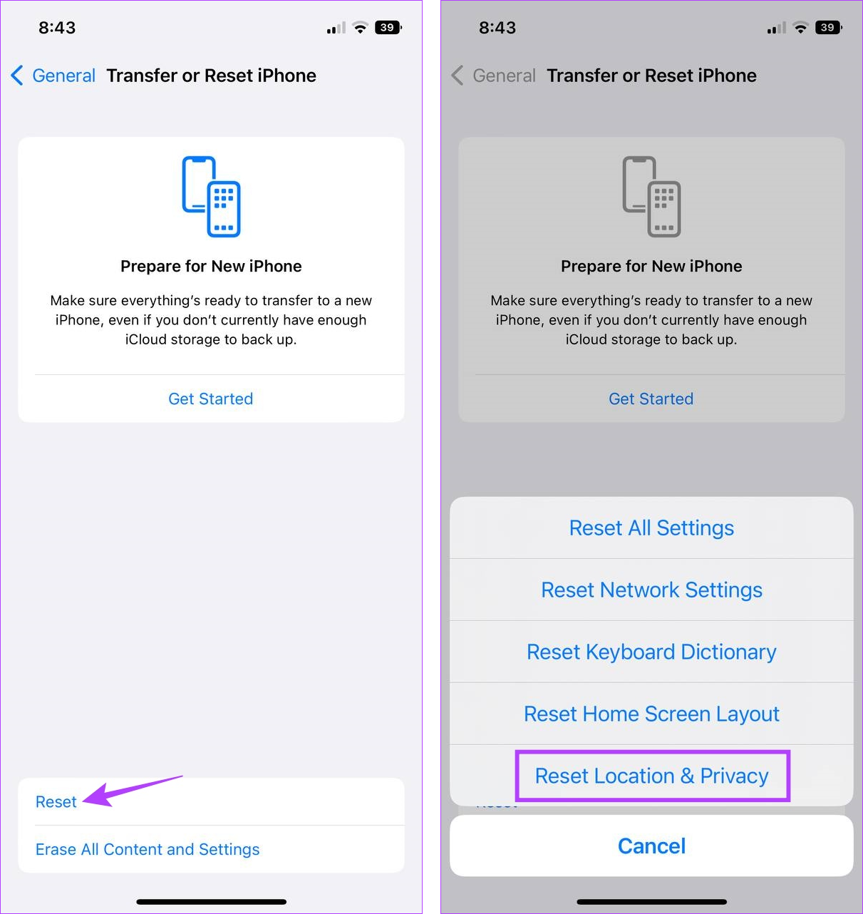 Reset Reset Location & Privacy on iPhone