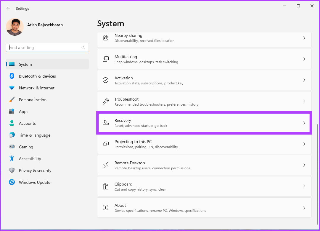 scroll down to find Recovery