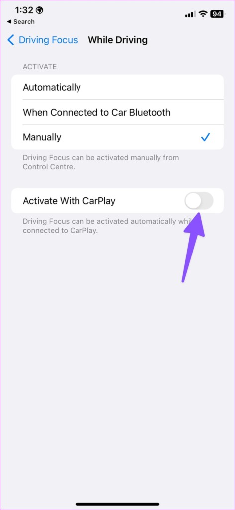 Toggle off Activate with CarPlay